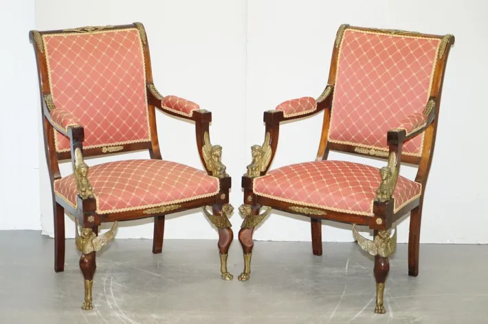 Pamono 19th Century French Empire Egyptian Sphinx Sofa & Armchairs in Ormolu & Hardwood, Set of 3 Hot