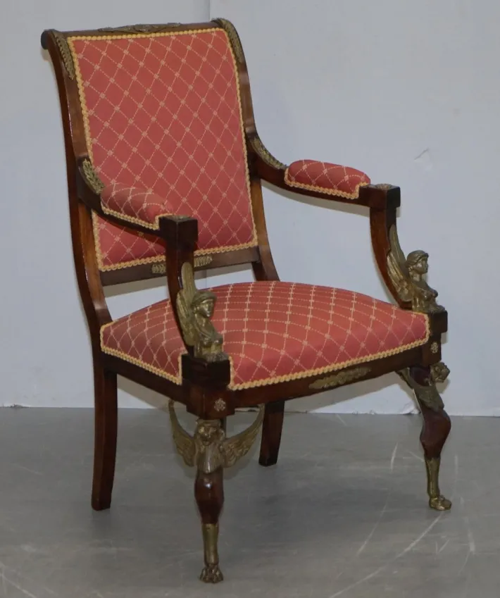 Pamono 19th Century French Empire Egyptian Sphinx Sofa & Armchairs in Ormolu & Hardwood, Set of 3 Hot