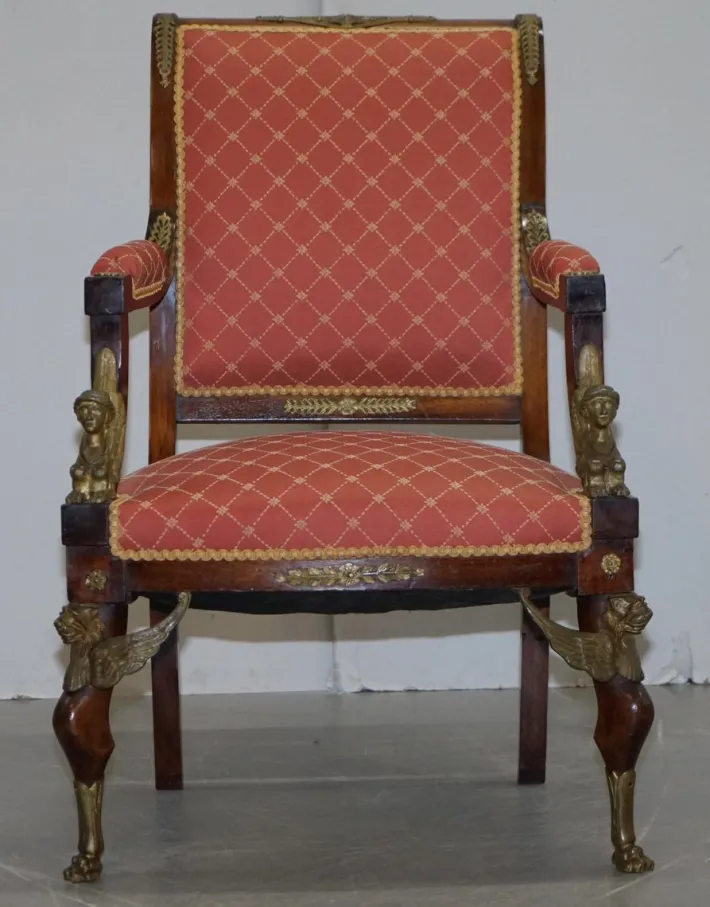 Pamono 19th Century French Empire Egyptian Sphinx Sofa & Armchairs in Ormolu & Hardwood, Set of 3 Hot