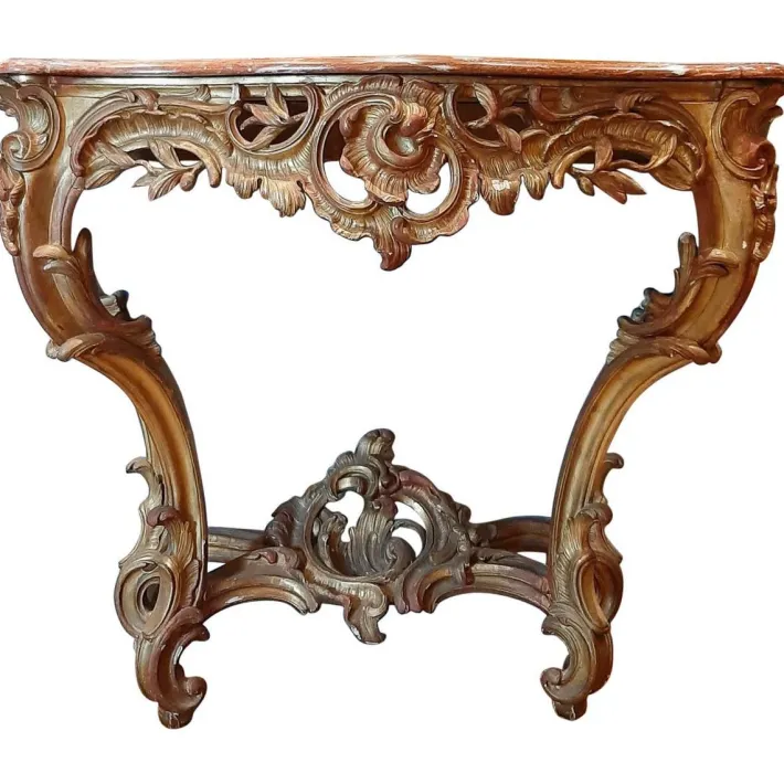 Pamono 19th Century Gilt Wood Rococo Console Table with Red Marble Top New
