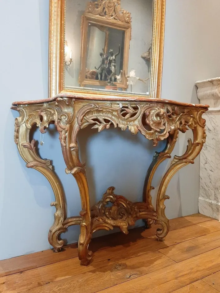 Pamono 19th Century Gilt Wood Rococo Console Table with Red Marble Top New