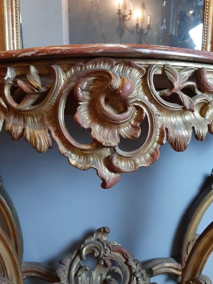 Pamono 19th Century Gilt Wood Rococo Console Table with Red Marble Top New