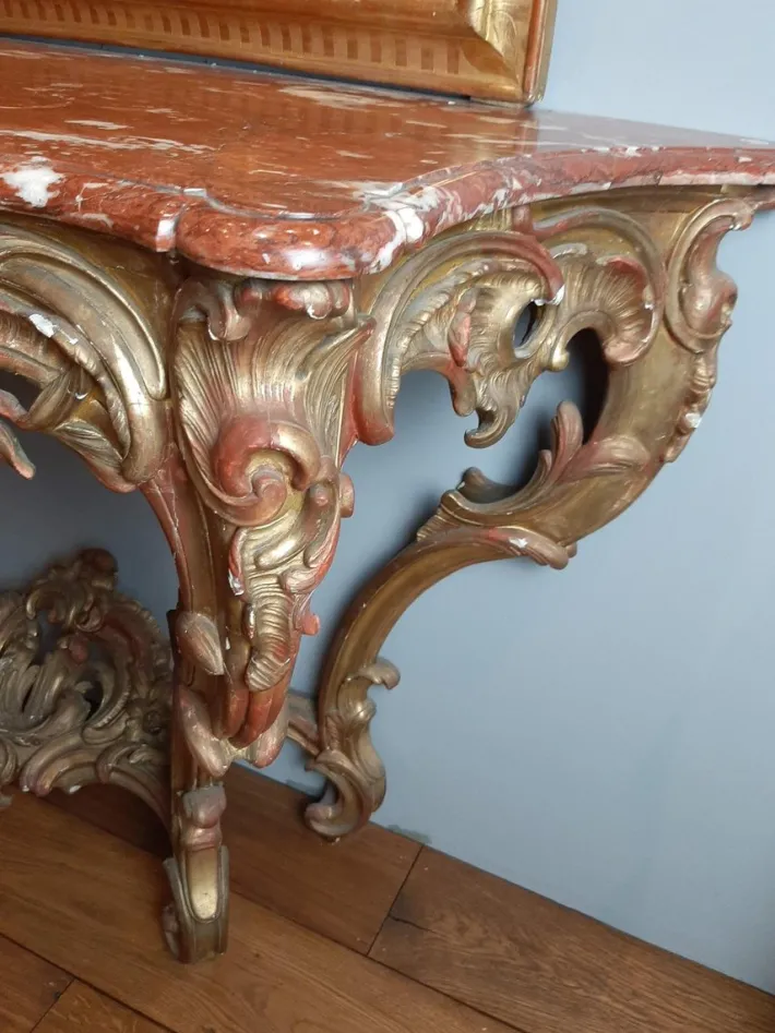 Pamono 19th Century Gilt Wood Rococo Console Table with Red Marble Top New