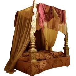 Pamono 19th Century Italian Canopy Bed with Silver Friezes and Upholstered Purple Silk Sale