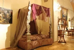 Pamono 19th Century Italian Canopy Bed with Silver Friezes and Upholstered Purple Silk Sale