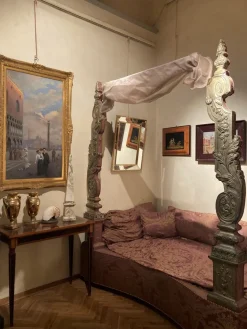 Pamono 19th Century Italian Canopy Bed with Silver Friezes and Upholstered Purple Silk Sale