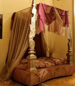 Pamono 19th Century Italian Canopy Bed with Silver Friezes and Upholstered Purple Silk Sale