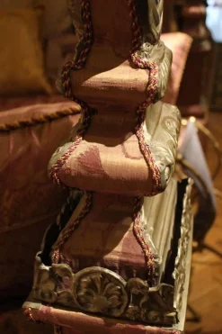 Pamono 19th Century Italian Canopy Bed with Silver Friezes and Upholstered Purple Silk Sale