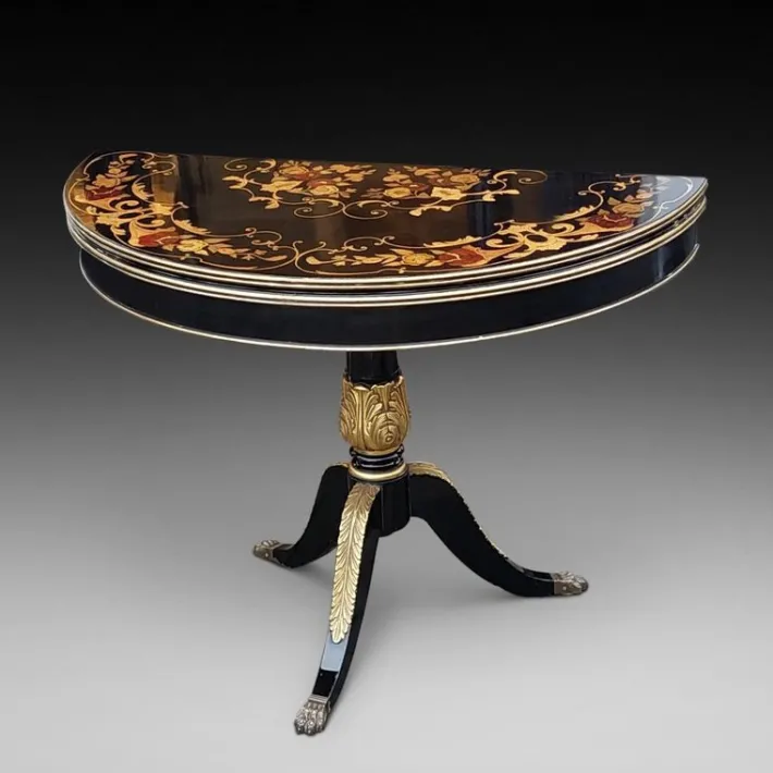 Pamono 19th Century Italian Parcel Gilt Marquetry Inlaid Ebonised Card Table Hot