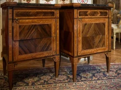 Pamono 18th Century Louis XVI Italian Nightstands Cabinets with Marble Top, Marquetry, 1780, Set of 2