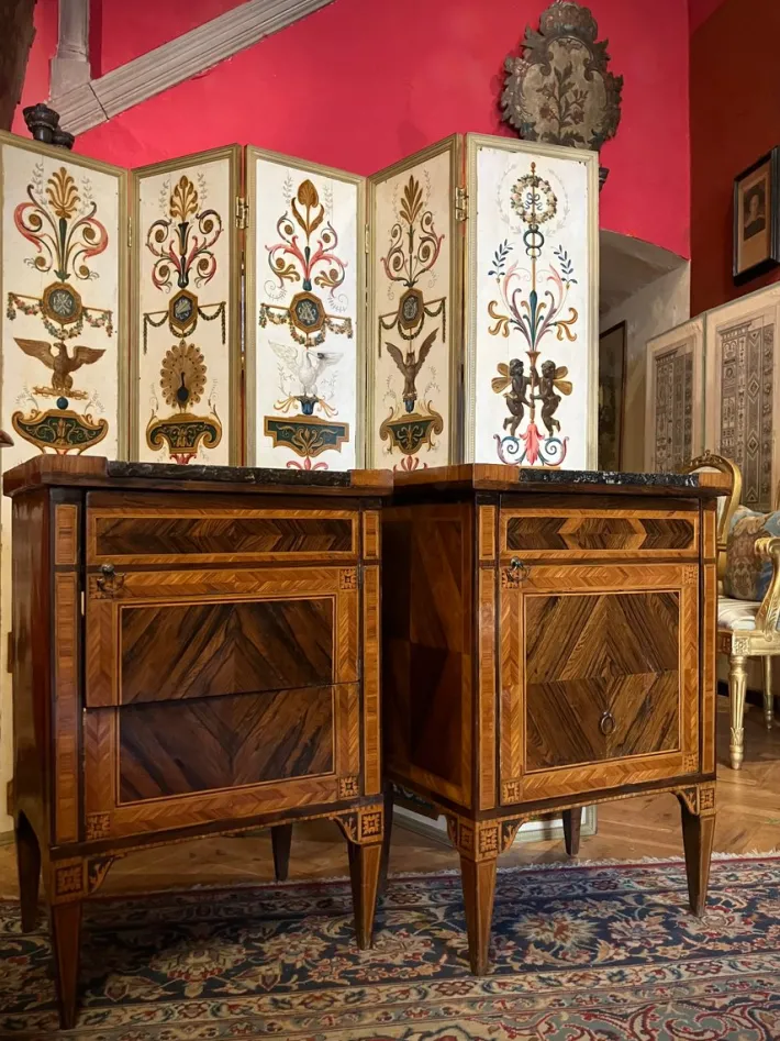 Pamono 18th Century Louis XVI Italian Nightstands Cabinets with Marble Top, Marquetry, 1780, Set of 2
