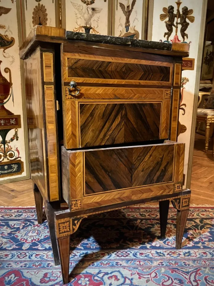 Pamono 18th Century Louis XVI Italian Nightstands Cabinets with Marble Top, Marquetry, 1780, Set of 2
