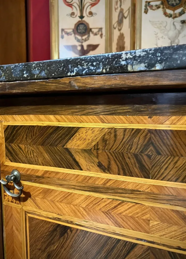 Pamono 18th Century Louis XVI Italian Nightstands Cabinets with Marble Top, Marquetry, 1780, Set of 2