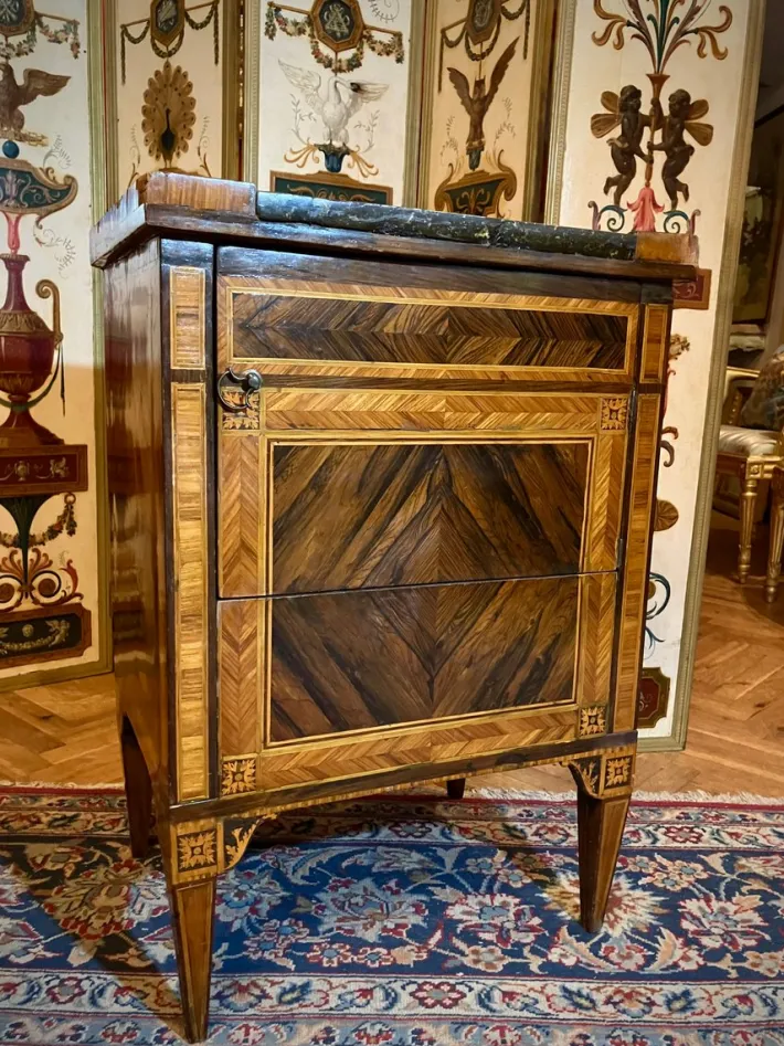 Pamono 18th Century Louis XVI Italian Nightstands Cabinets with Marble Top, Marquetry, 1780, Set of 2