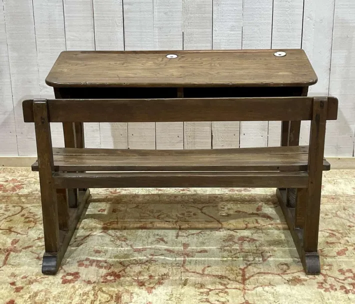 Pamono 20th Century Oak School Desk with Porcelain Inkwells Best