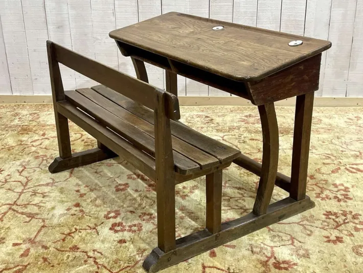 Pamono 20th Century Oak School Desk with Porcelain Inkwells Best