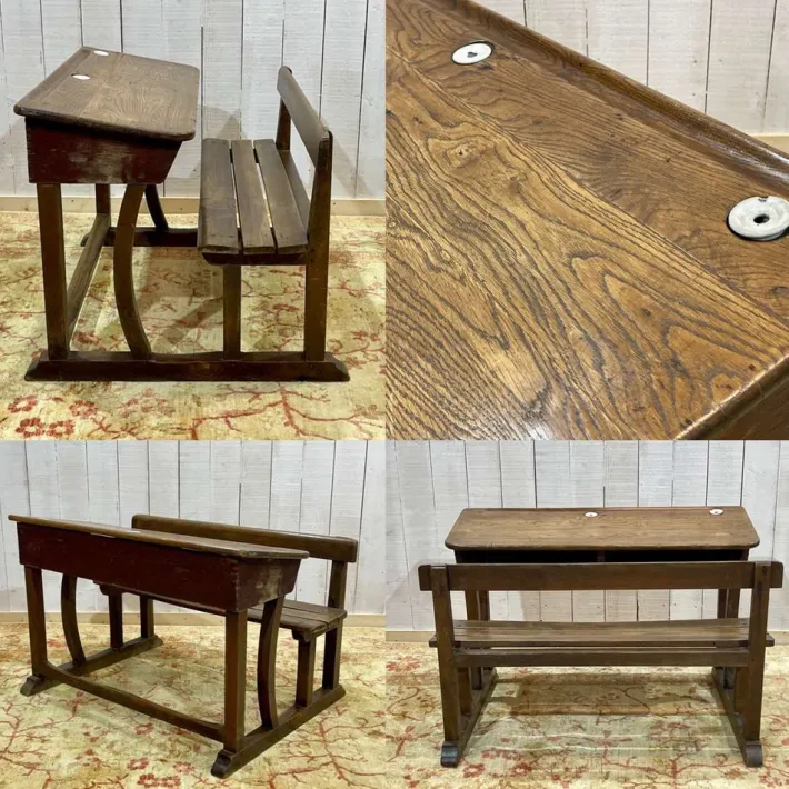 Pamono 20th Century Oak School Desk with Porcelain Inkwells Best