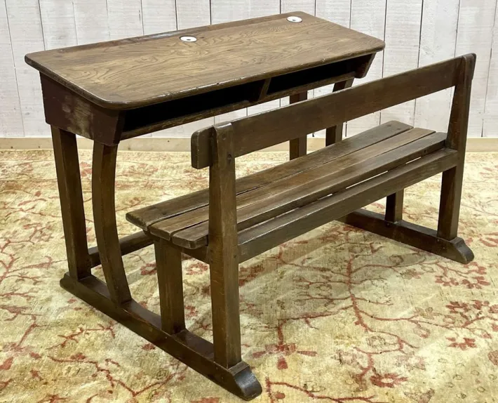 Pamono 20th Century Oak School Desk with Porcelain Inkwells Best
