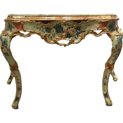 Pamono Venetian Light Blue and Green Lacquered & Engraved Wood Console Table, 1750 New