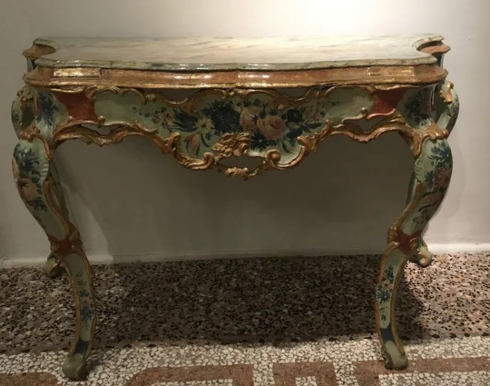Pamono Venetian Light Blue and Green Lacquered & Engraved Wood Console Table, 1750 New