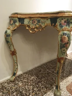 Pamono Venetian Light Blue and Green Lacquered & Engraved Wood Console Table, 1750 New