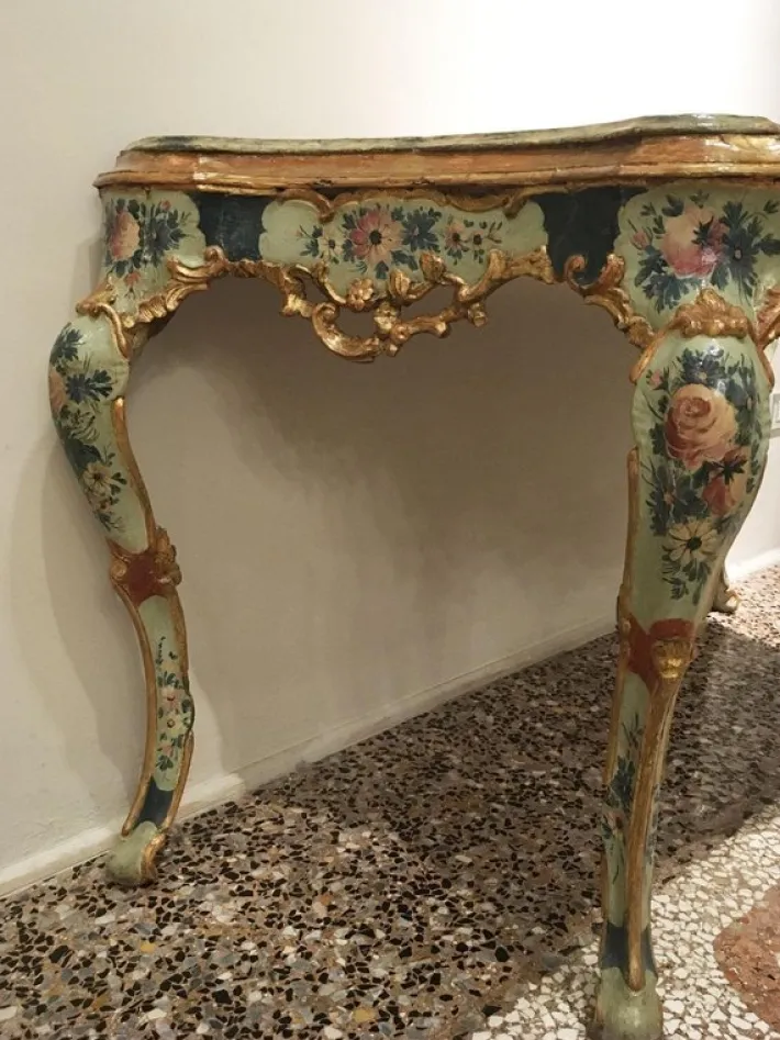 Pamono Venetian Light Blue and Green Lacquered & Engraved Wood Console Table, 1750 New