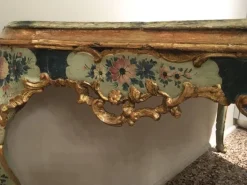 Pamono Venetian Light Blue and Green Lacquered & Engraved Wood Console Table, 1750 New