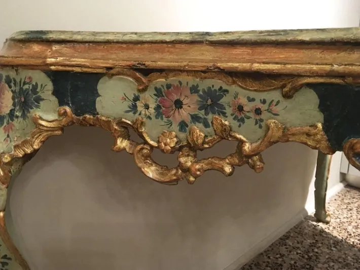 Pamono Venetian Light Blue and Green Lacquered & Engraved Wood Console Table, 1750 New