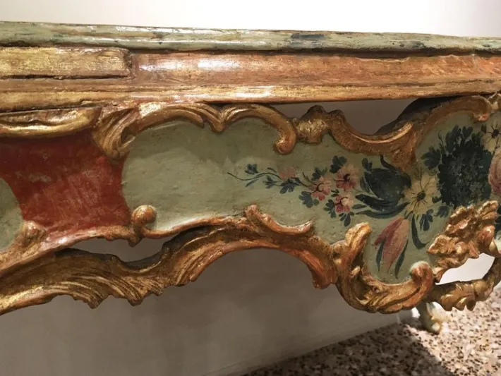 Pamono Venetian Light Blue and Green Lacquered & Engraved Wood Console Table, 1750 New