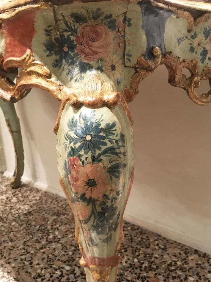 Pamono Venetian Light Blue and Green Lacquered & Engraved Wood Console Table, 1750 New