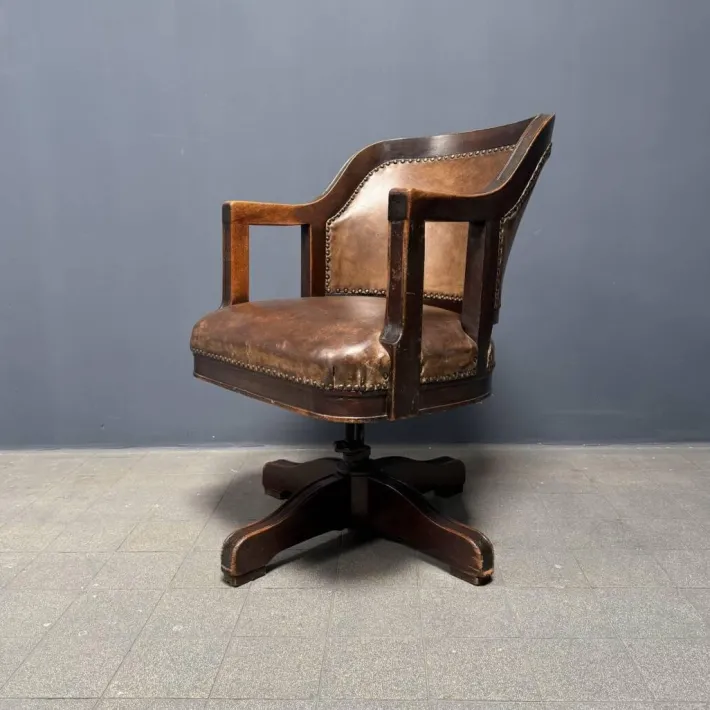Pamono Vintage American Wood and Leather Desk Chair, 1920s New