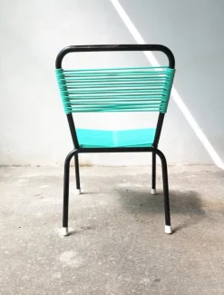 Pamono Vintage Aquamarine Green PVC Laces and Black Tubular Metal Childrens Chair, 1970s