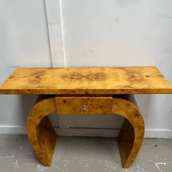 Pamono Vintage Art Deco French Curved Leg Burr Walnut Console Table with Drawer New