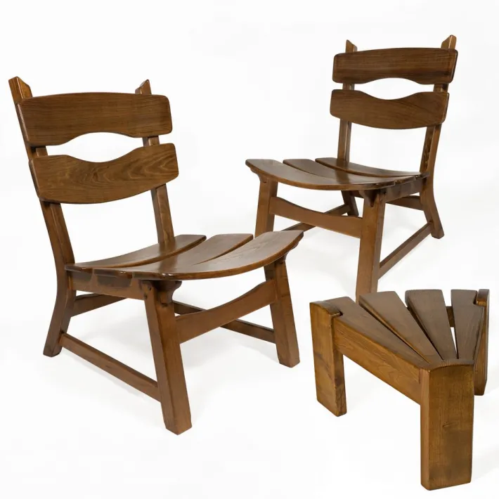 Pamono Vintage Brutalist Oak Fireplace Lounge Chairs & Side Table by Dittmann for Awa, 1960s, Set of 3 Discount