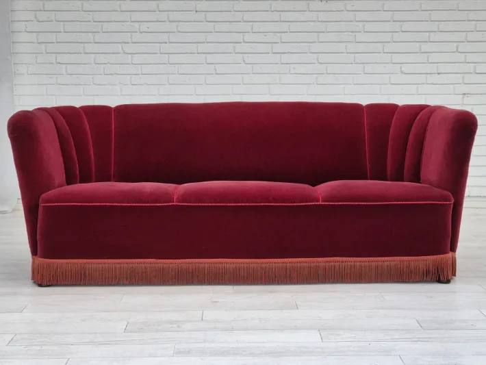 Pamono Vintage Danish 3-Seater Sofa in Cherry-Red Furniture Velour, 1960s