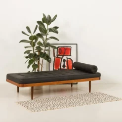Pamono Vintage Danish Teak Daybed in Black Leather, 1960s