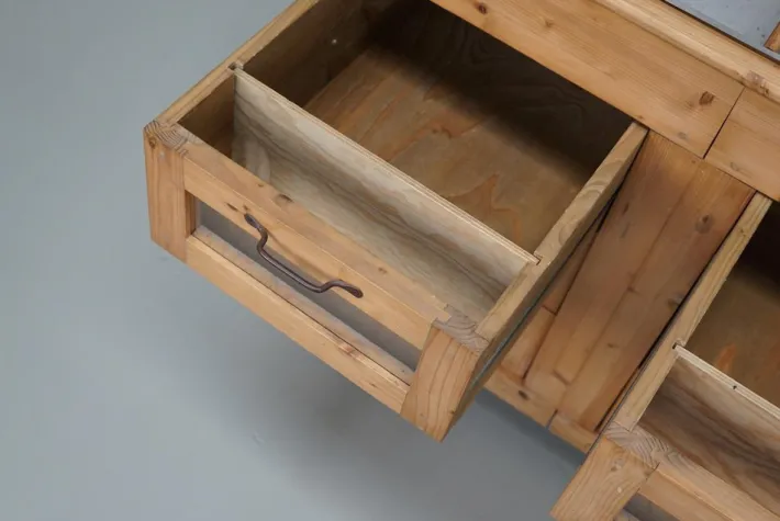 Pamono Vintage Dutch Pine Haberdashery Shop Cabinet with Glass Fronts Clearance