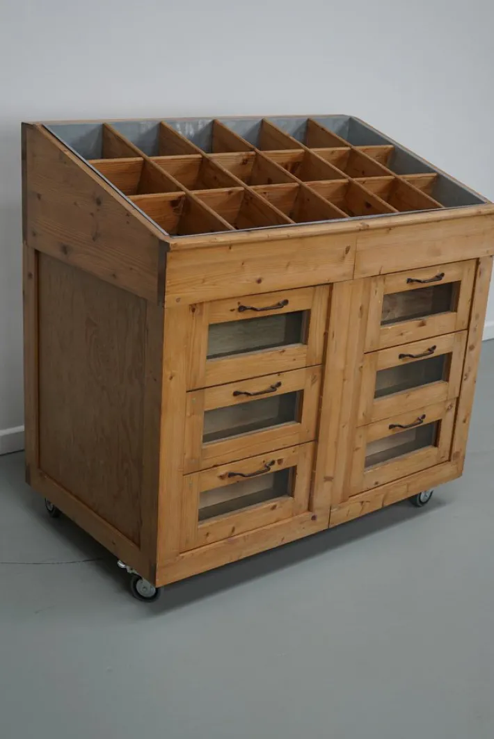 Pamono Vintage Dutch Pine Haberdashery Shop Cabinet with Glass Fronts Clearance