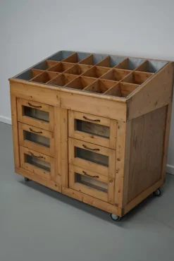 Pamono Vintage Dutch Pine Haberdashery Shop Cabinet with Glass Fronts Clearance