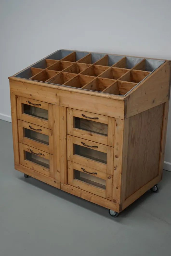 Pamono Vintage Dutch Pine Haberdashery Shop Cabinet with Glass Fronts Clearance