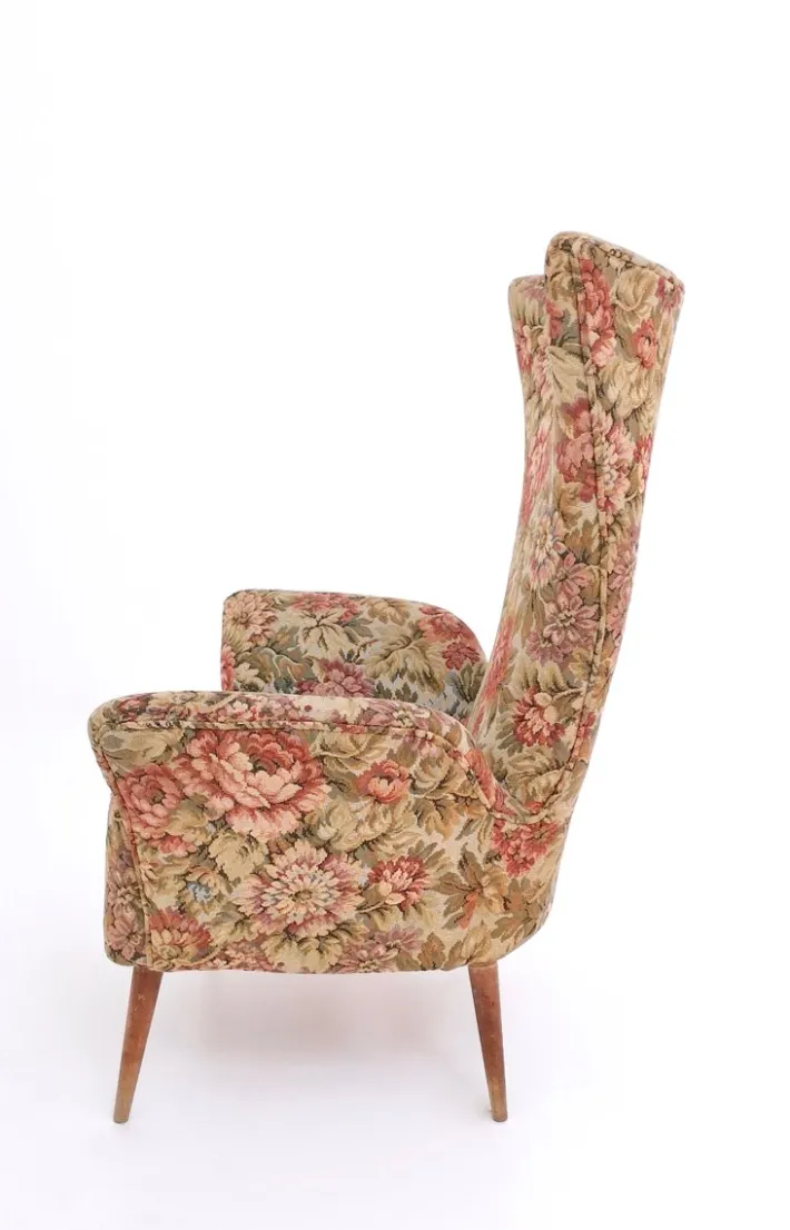 Pamono Vintage Floral Fabric Children's Armchair with Wooden Legs, Italy, 1950s