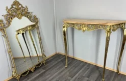 Pamono Vintage French Brass Console Table with Marble Top and Mirror, Set of 2 Hot