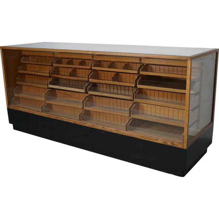 Pamono Vintage German Oak Glass Shop Counter Haberdashery Cabinet, 1950