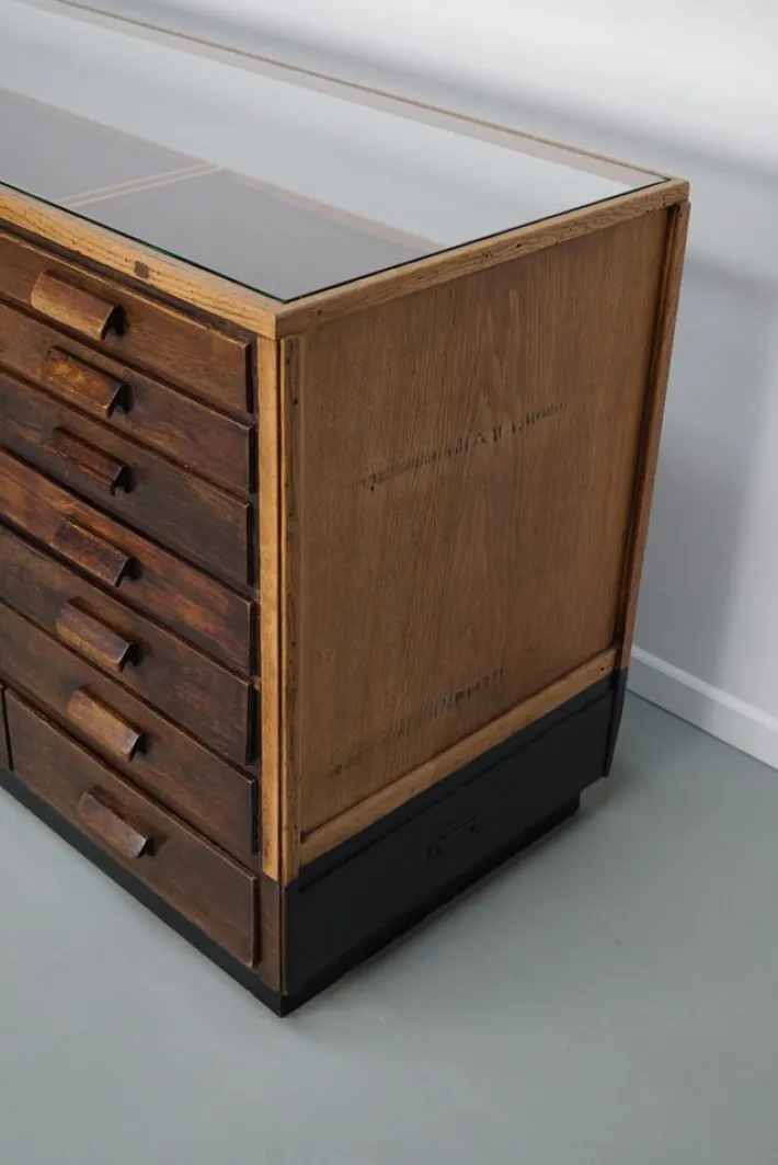 Pamono Vintage German Oak Glass Shop Counter Haberdashery Cabinet, 1950