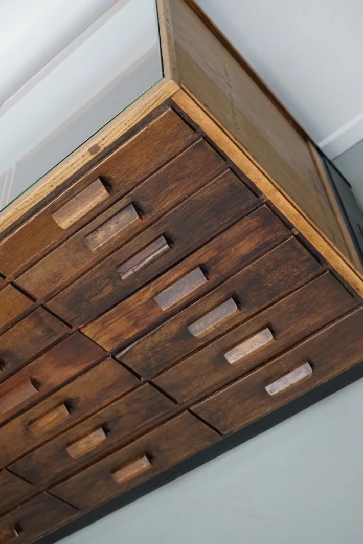 Pamono Vintage German Oak Glass Shop Counter Haberdashery Cabinet, 1950