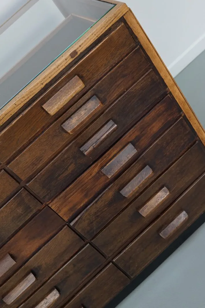 Pamono Vintage German Oak Glass Shop Counter Haberdashery Cabinet, 1950