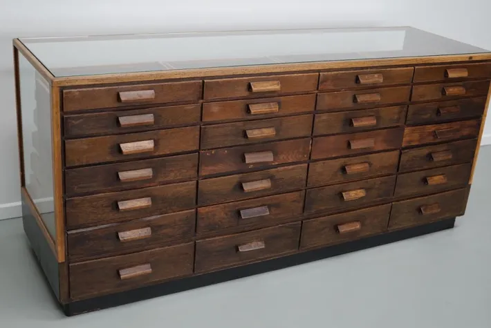 Pamono Vintage German Oak Glass Shop Counter Haberdashery Cabinet, 1950