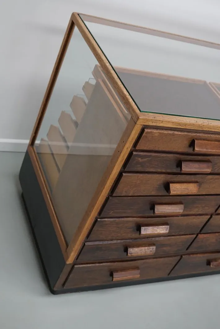 Pamono Vintage German Oak Glass Shop Counter Haberdashery Cabinet, 1950