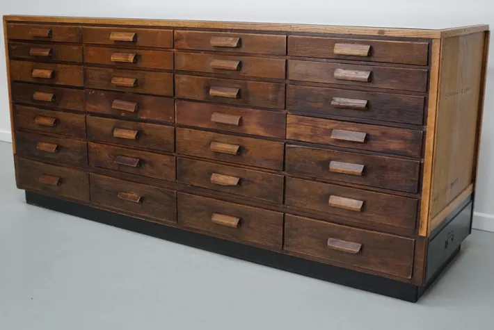 Pamono Vintage German Oak Glass Shop Counter Haberdashery Cabinet, 1950