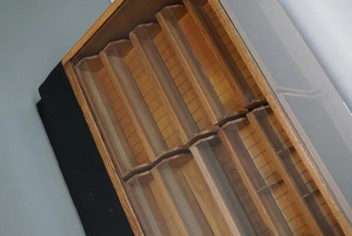 Pamono Vintage German Oak Glass Shop Counter Haberdashery Cabinet, 1950